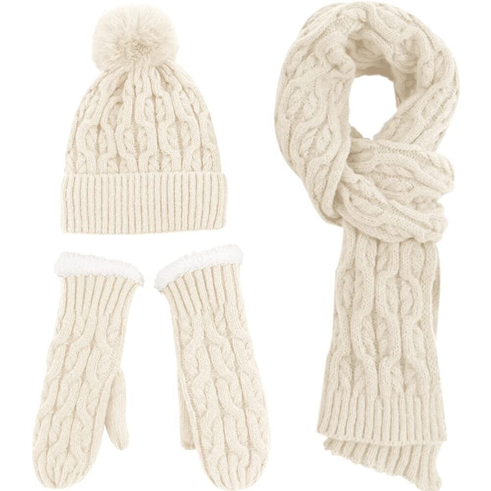 6109 Winter Beanie Scarf and Mittens Set Knitted Beanie Skull Cap with Faux